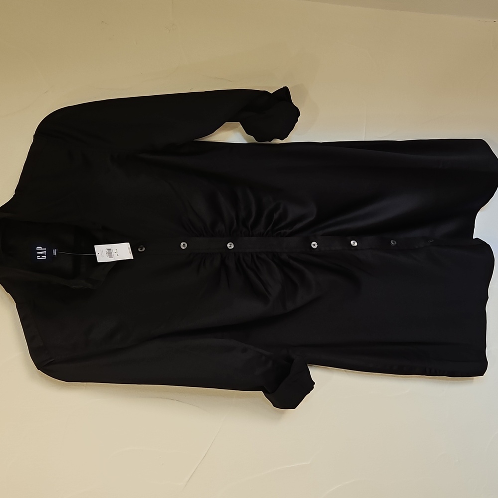 NWT GAP BLACK RUCHED MINI LONG SLEEVE SHIRTDRESS SIZE SMALL PETITE - Picture 3 of 11